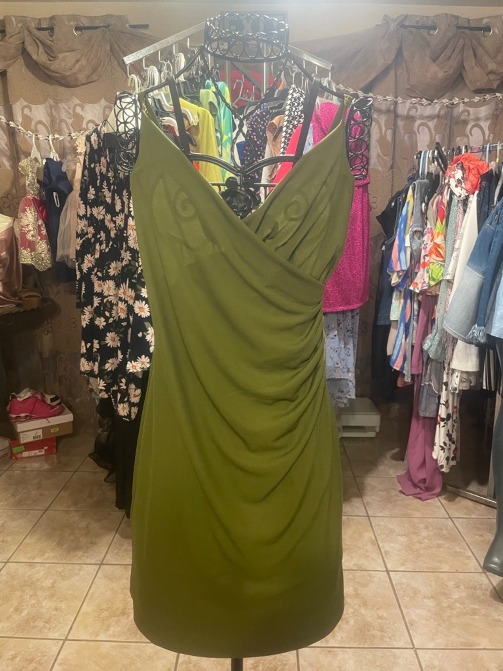 H&M Olive Green V-Neck Ruched Mini Dress